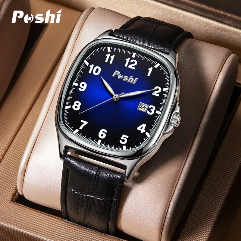 Reloj POSHI para hombre, relojes de cuarzo con correa de cuero de moda, calendario luminoso resistente al agua, reloj de pulsera deportivo informal