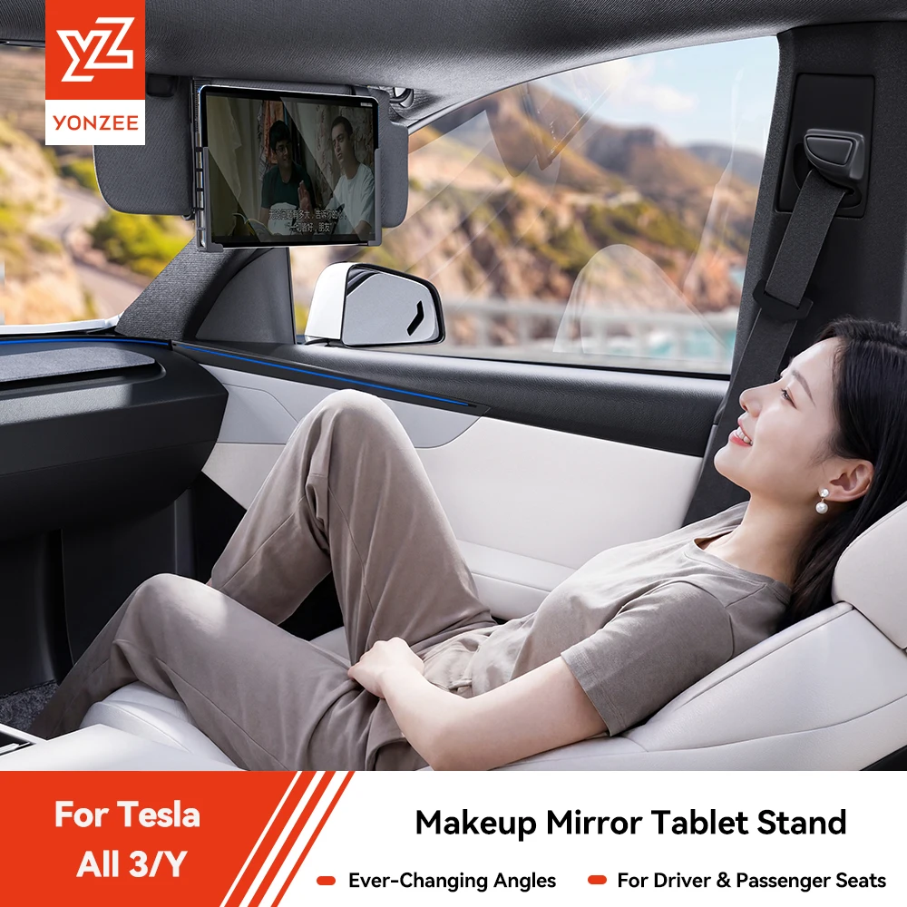 YZ For Tesla All Model 3/Y PC Flat Clamp Adjustable Universal Phone Tablet Stand Makeup Mirror Front-row Sun Visor Bracket
