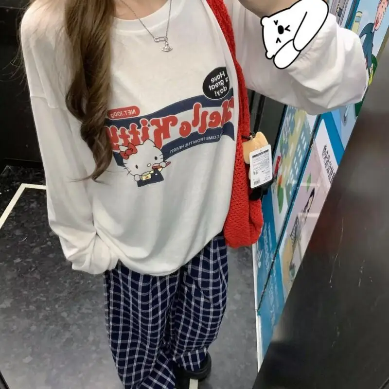 

Футболка Sanrioy2K Hello Kitty для девочек с длинными рукавами, весенне-осенняя, с мультяшным принтом, свободного кроя, базовый слой, студенческий топ, кавайный женский пуловер