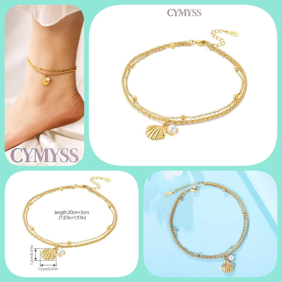 Women's 925 Silver Zircon Anklet, Gold Color