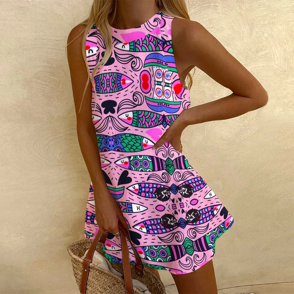 

Women's Sleeveless Casual Dress, Contrasting Color, Sardines Fish Print, Beach Vacation Party Dresses, Pink Designer, New