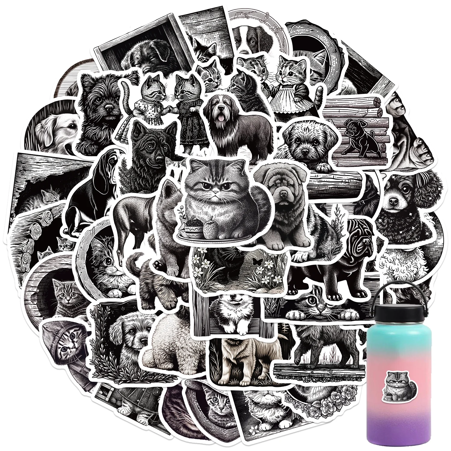 50PCS Black and White Print Animals Cute Anime Graffiti Sticker Waterproof for Cup Fridge Suitcase Bottle Phone Computer Sticker