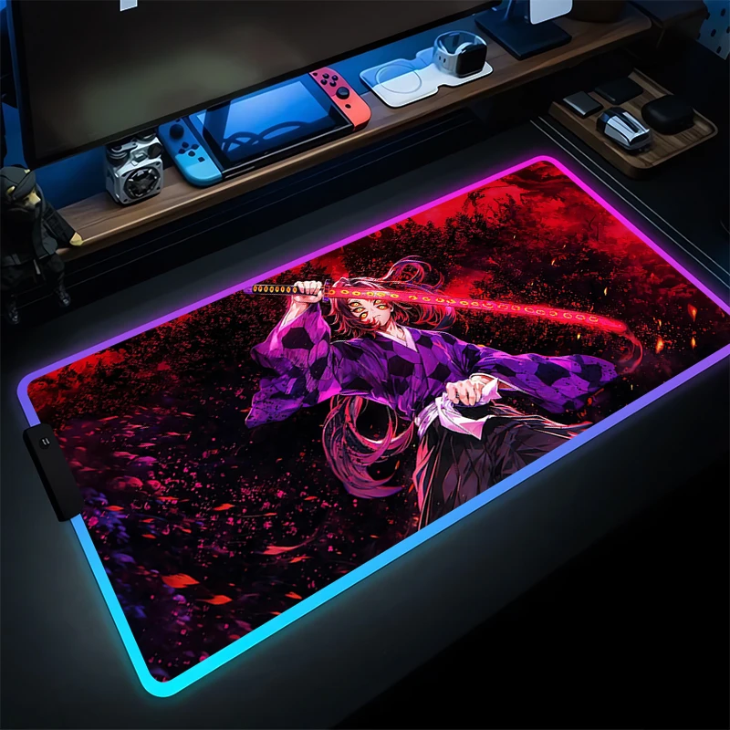RGB Mouse Pad Karet PC Komputer Gaming Aksesoris Bercahaya Mousepad Demon Slayer Kokushibo HD Meja Tikar LED Gamer Keyboard Pad
