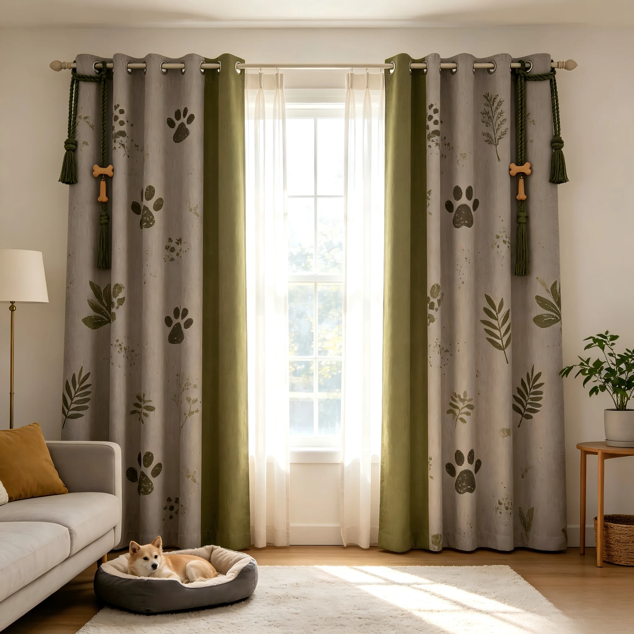 200306   Pet friendly living room warm grey coarse weave olive green cotton linen paw print leaf texture curtains