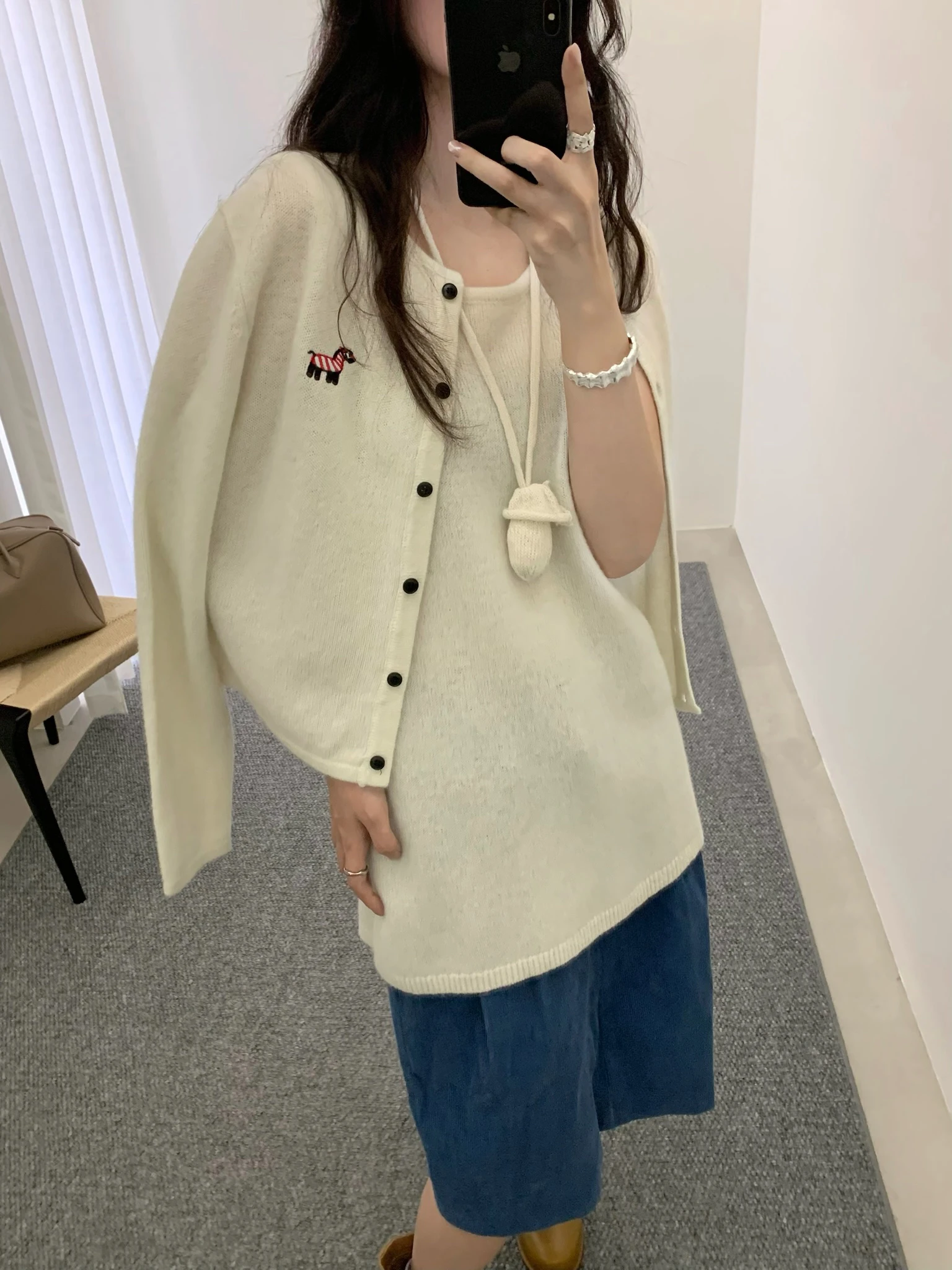 

Ele Simple Knitted Base Layer Vest Embroidered Overlap Autumn Knitted Open Cardigan Casual Loose Fit Long Sve round Ne
