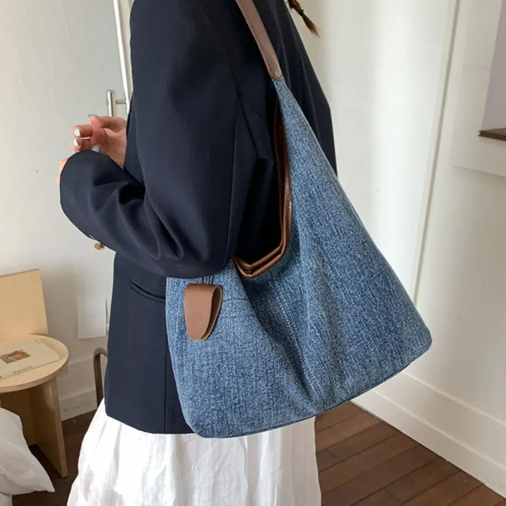 

Korean Style Denim Tote Bag Harajuku Cowboy Canvas Shoulder Bag Lightweight Large Capacity Commuting Underarm Bag Lady