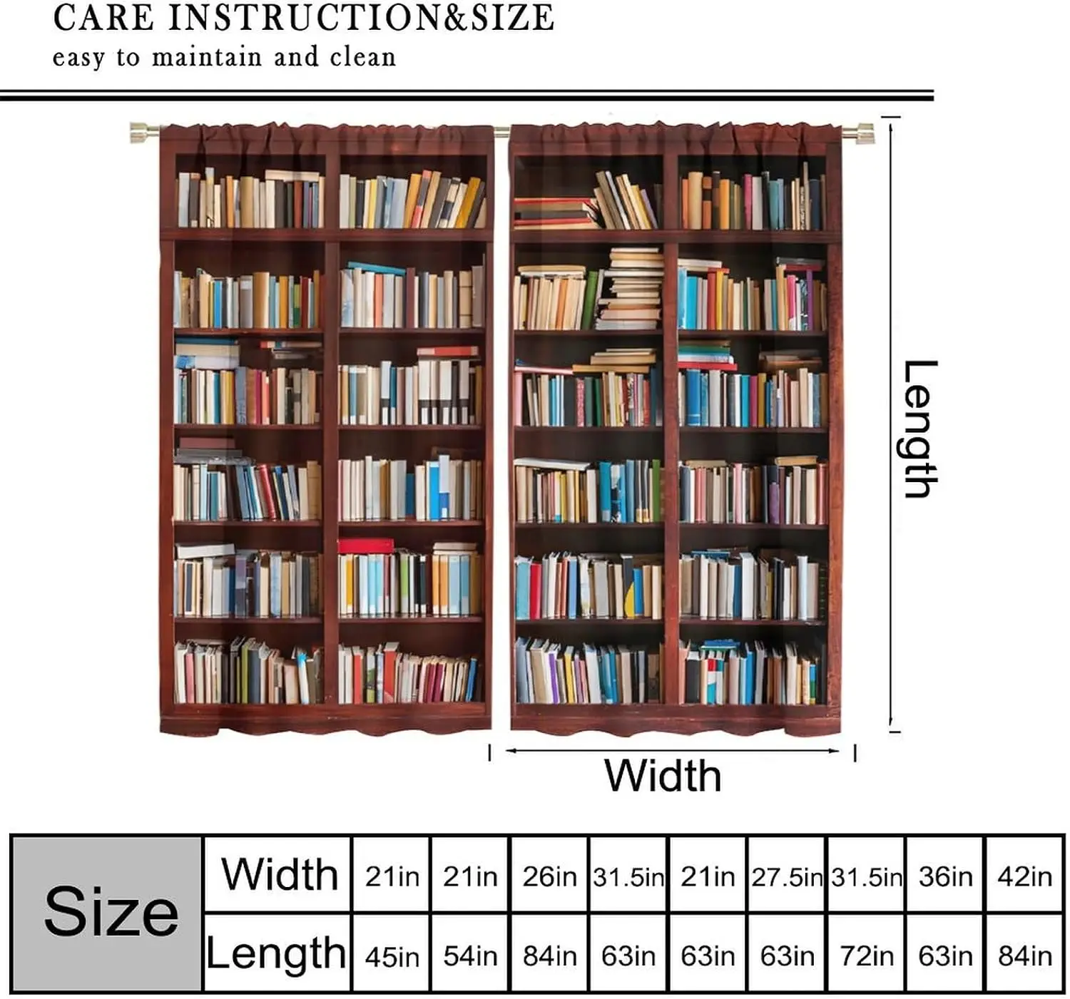 Large Full Bookshelf Blackout Curtain Dark Wood Frame Multicolor Stack Hardcover Book Rod Pocket Window Panels Reading Bedroom