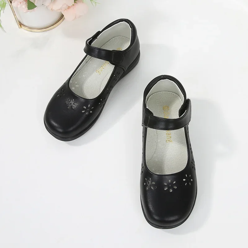 Kids Leather Shoe Cut-outs Causal Black School Girl Shoes for Performance Princess Fashion Versatile Children Uniform Flat Shoes