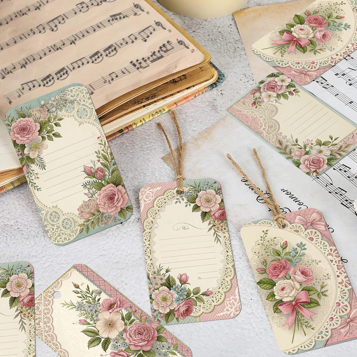 Etiquetas penduradas com design floral de renda 50 peças com corda, para lembrancinhas do dia dos namorados de casamento, decoração de chá de panela, etiquetas de embrulho de presente romântico