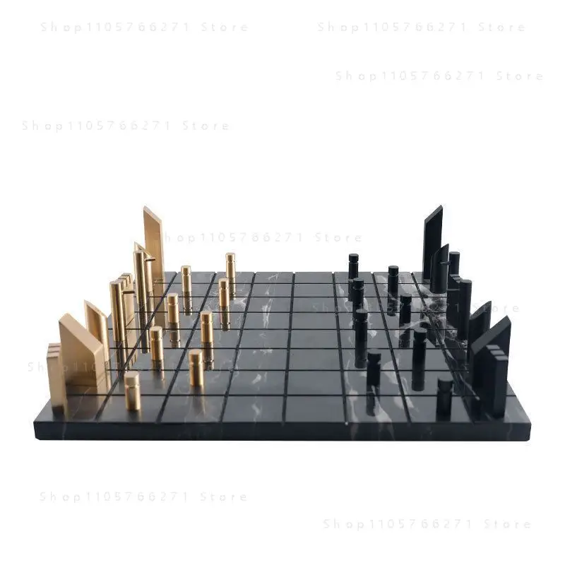 Golden Metal Chessboard with Marble Squares, Geometric Check King Game, Home Decor
