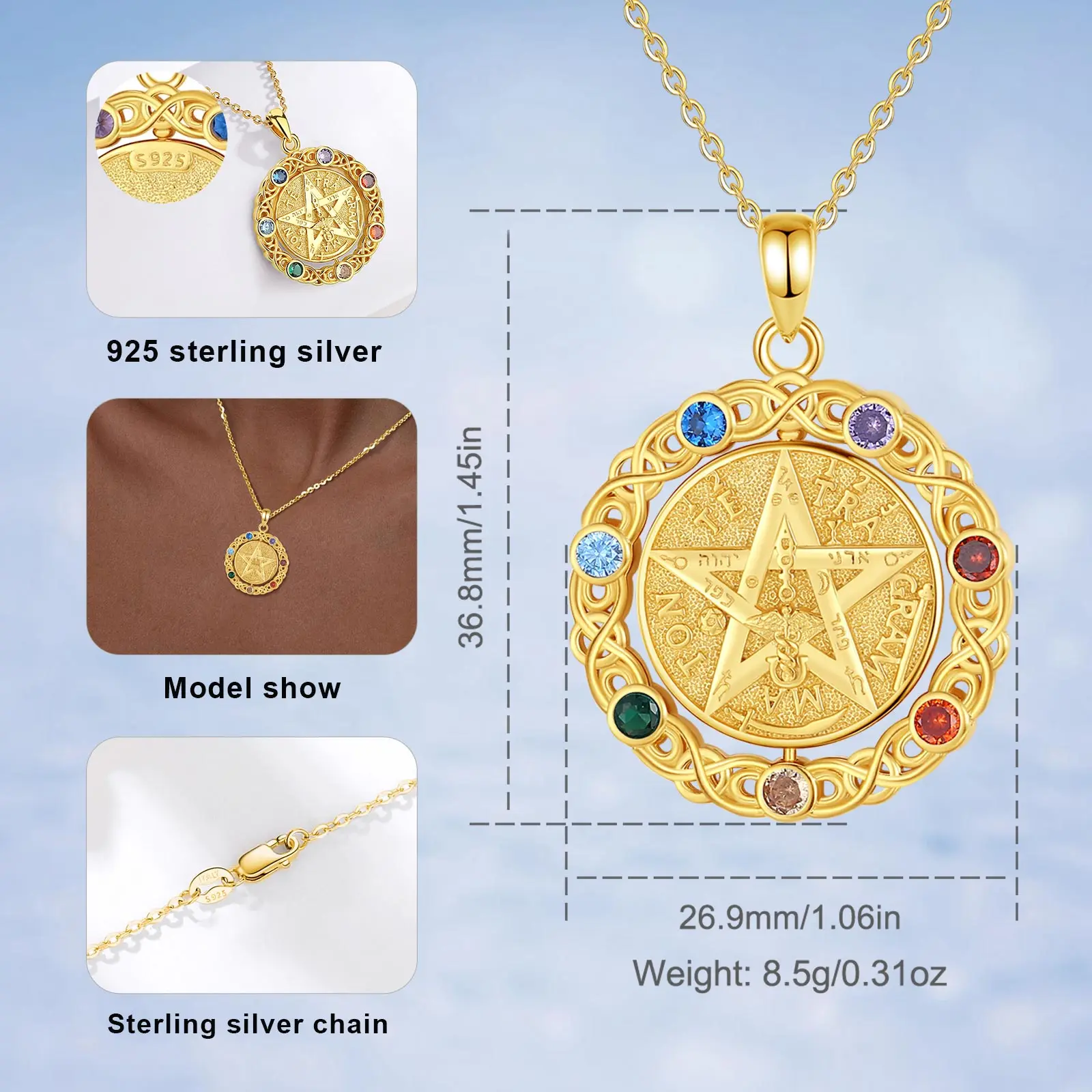 قلادة خماسية من الفضة الإسترليني للرجال والنساء ، ذهب 18 قيراط ، نجمة تشاكرا 7 ألوان ، قلادة Tetragrammaton ، هدية السحر
