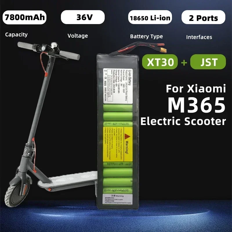 7800mAh 36V para patinete eléctrico Xiaomi M365, paquete de batería 18650, protección BMS integrada, baterías para bicicleta eléctrica XT30 JST