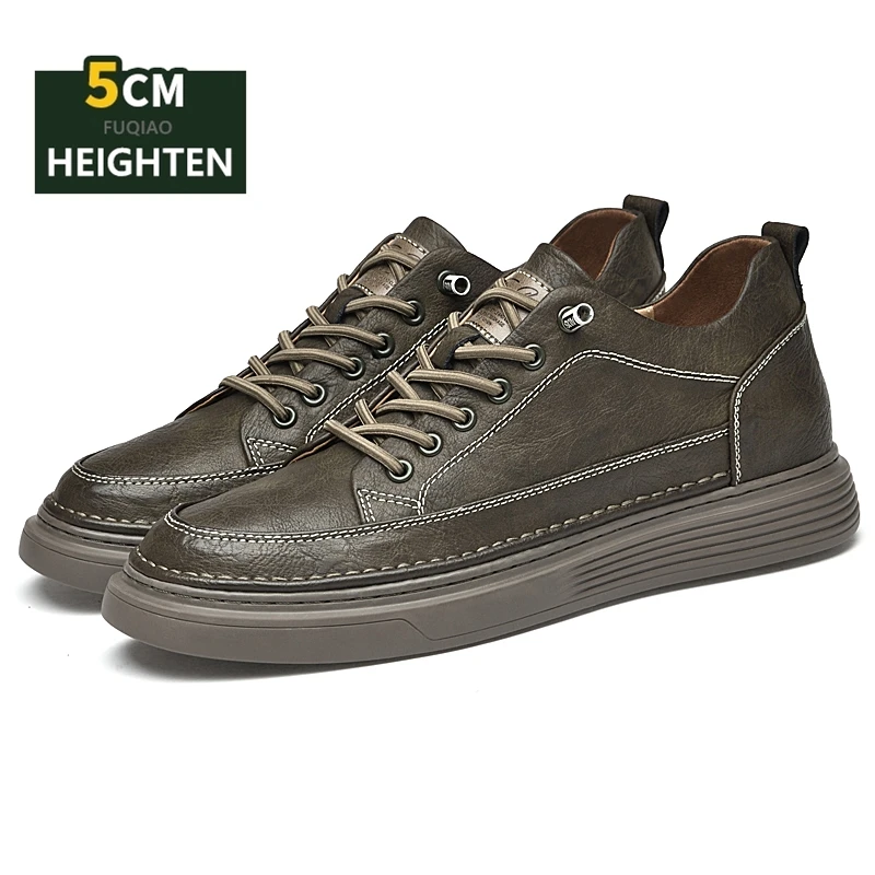 5cm Height Increase Leather Shoes Men Lace Up Invisible Elevator Sneakers Comfortable Casual Walking Shoes Breathable Anti Slip