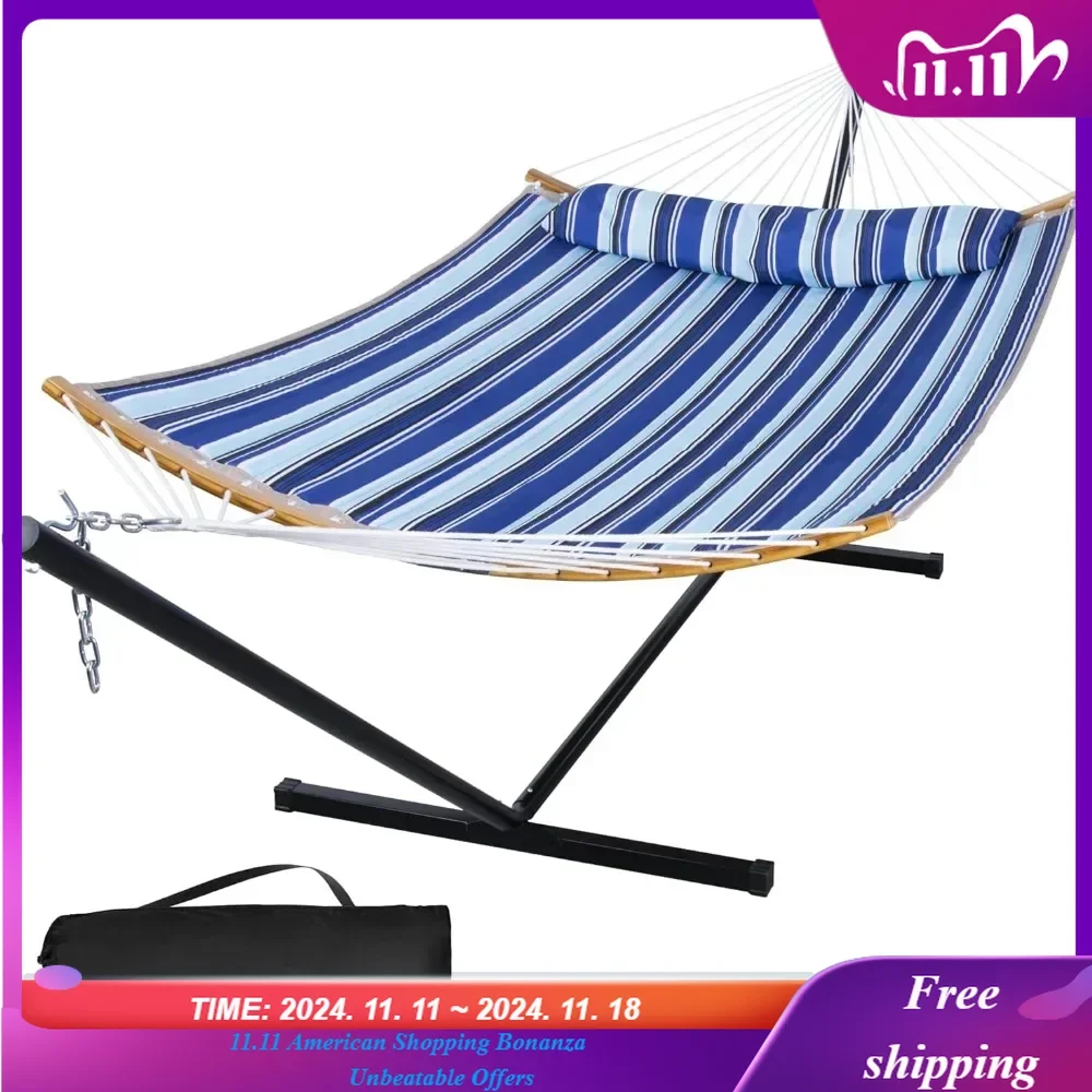 

12 Ft Yard Hammock with Stand,2 Person Hammock Freestanding with Curved Spreader,Large Hammocks Heavy Duty 450 lbs,Blue Stripes