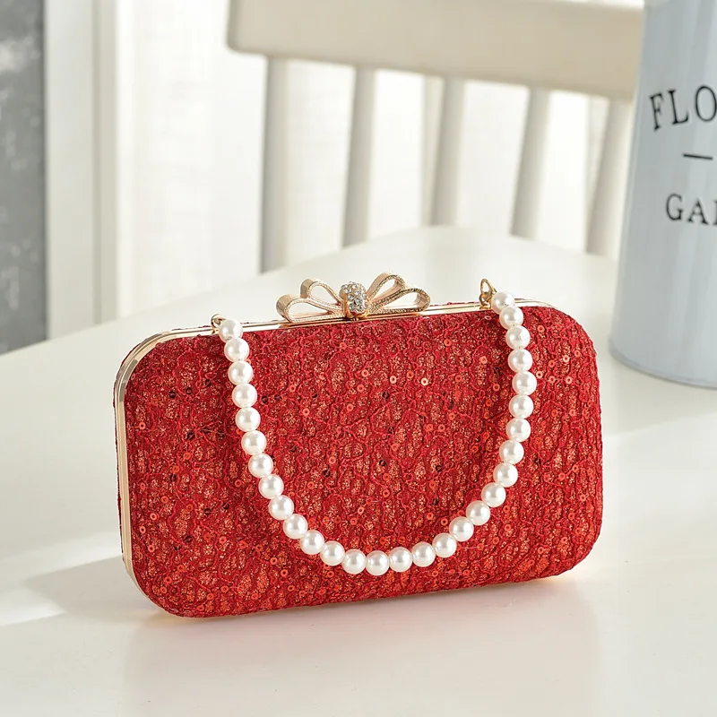 New simple and fashionable bow lace sequin pu bag Hanfu antique hand-held shoulder messenger cheongsam banquet bag
