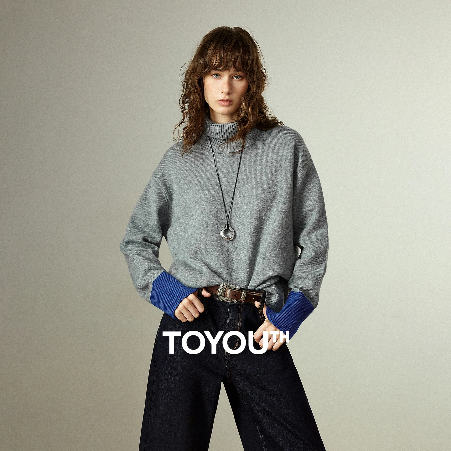 

TOYOUTH Women Sweaters 2025 Winter New High Neck Color-block Splicing Retro Pale Gray Knitted Undershirt Tops