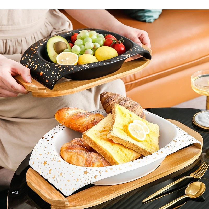 Nordic Ceramic Plate with Wooden Frame Hotel Restaurant Featured Cooking Dishes Family Dinner Desserts Steak Tableware