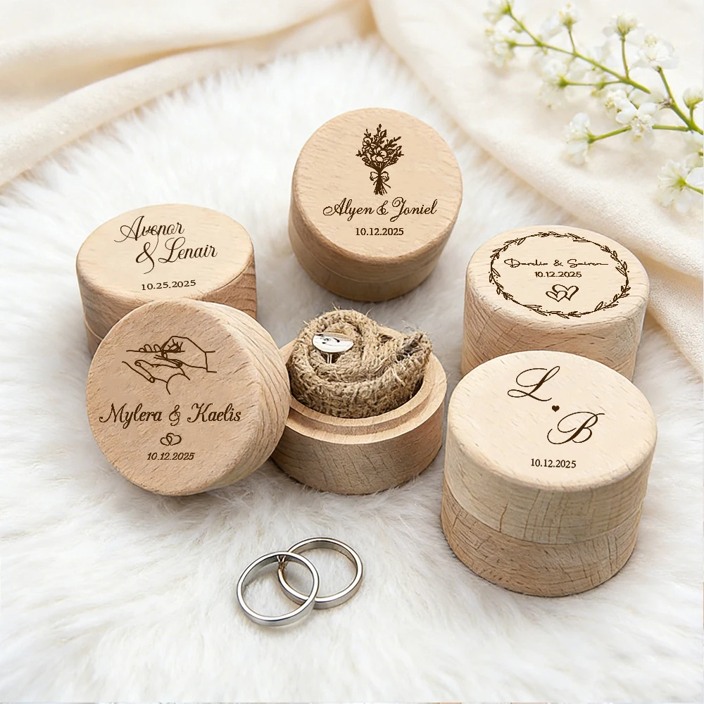Personalized Wooden Wedding Ceremony Round Ring Box,Engraved Engagement Holder for Anniversary,Bridal Gift For Her,Mother's Day