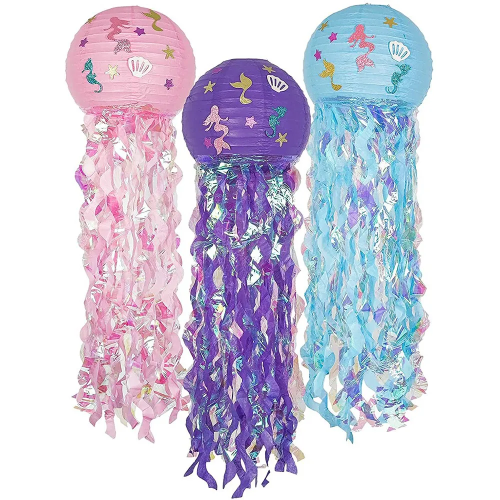 3 Pack Jellyfish Paper Lanterns Kit Mermaid Hanging Wishes Lantern,for Birthday,Ocean Theme Decoration Lamps