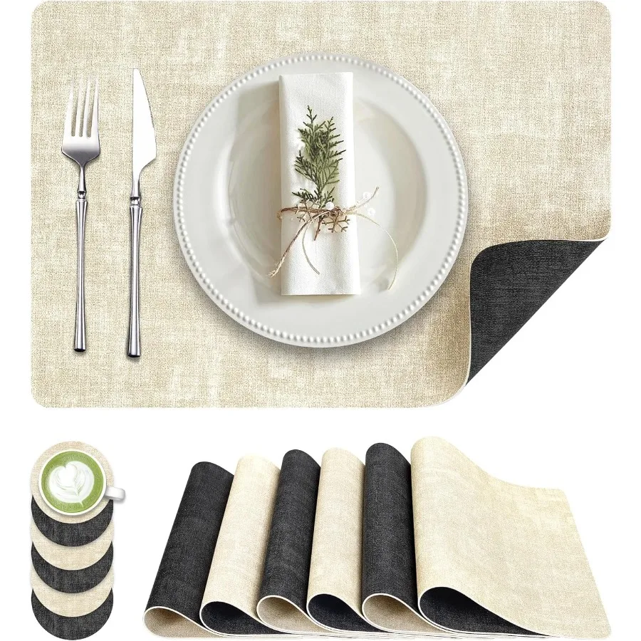 

Набор из 6 салфеток из искусственной кожи, термостойкие протираемые салфетки, двухсторонние водонепроницаемые моющиеся коврики для стола с подставкой, подходят