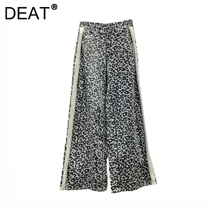 DEAT Women's Jeans High Waist Loose Wide Leg Leopard Printed Patchwork White Straight Causal Jeans 2024 New Fashion Autumn