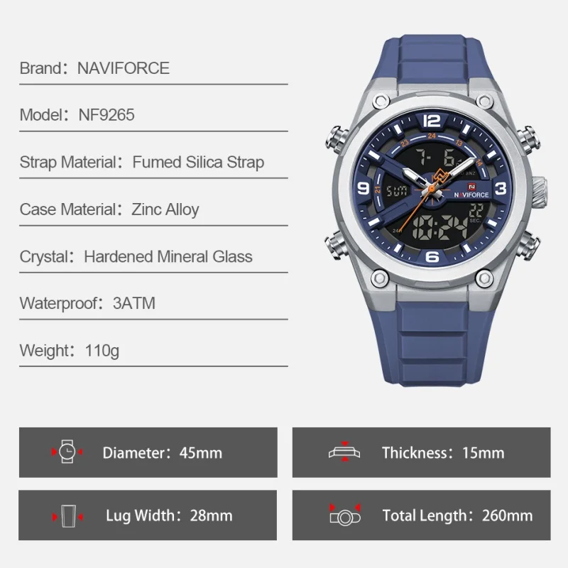 NF9265 NAVIFORCE New Style Sports Waterproof Shockproof Watch with Luminous Calendar Display Silicone Strap Wristwatch Man Watch