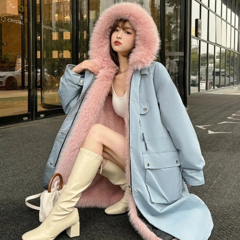 

2025 Winter New Fashionable Temperament Detachable Faux Fur Lined Hooded Coat Women's Clothing Loose Fox Fur Mid Length Jacket