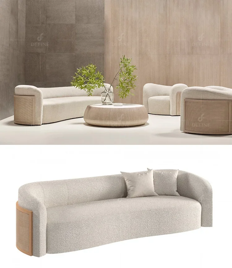 

Новейший дизайн, минималистичный диван с деревянной шпоновой спинкой, удобная ткань для гостиной, спальни, диван для отеля из цельного дерева