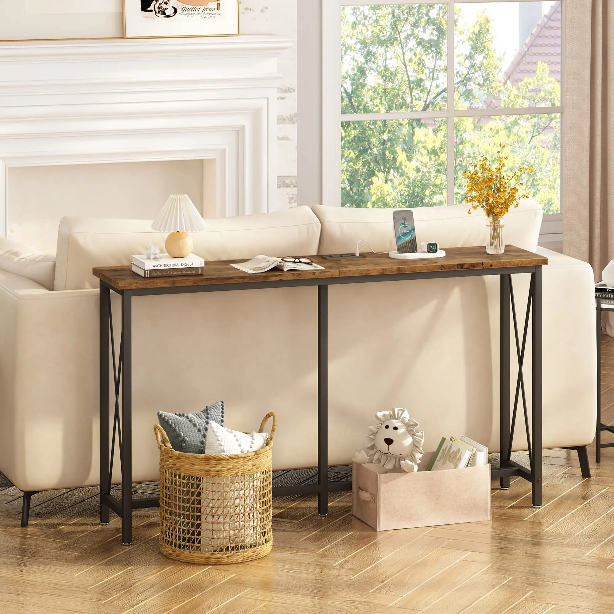 Living Room Hallway X-Shaped Design Narrow Metal Frame Sofa Table Extra Long Entryway Table 70 Inch Console Table