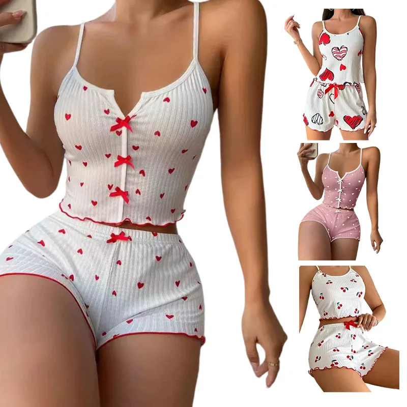 New Style 2 Pairs Sleepwear Women Pajamas Set Heart Print Soft Ribbed Fabric with Flirty Frill Trim Casual Cami Top and Short
