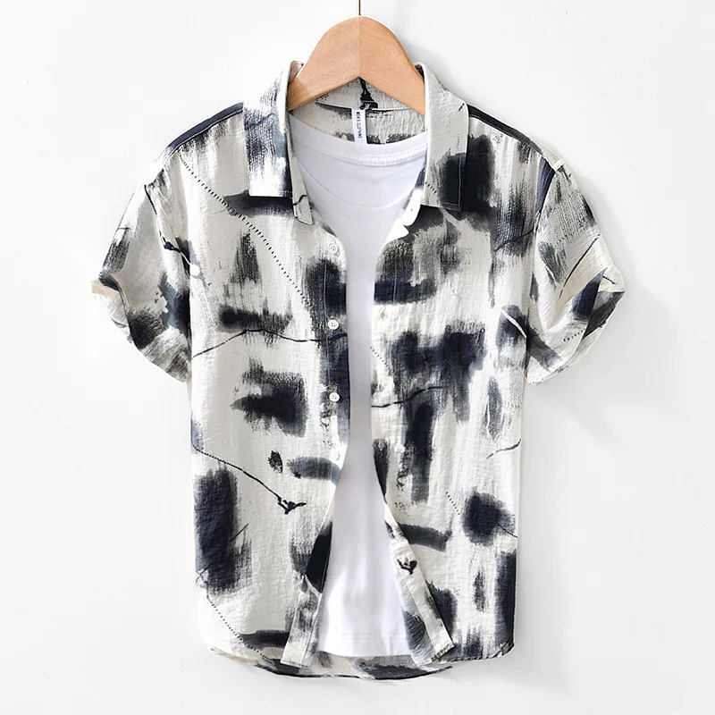 Men's Japanese Style Graphic Print Short Sleeve Button Down Shirt, Fashion Casual Loose Fit Artistic Summer Beach Shirt