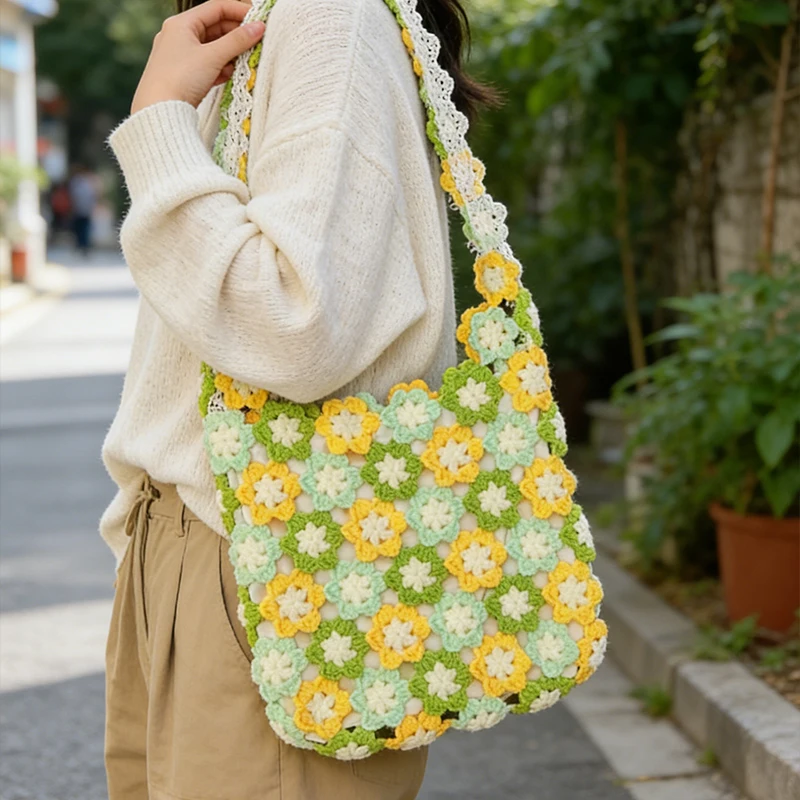 

Handmade Crochet Rainbow Flower Patchwork Hollow Out Knitted Tote Shoulder Bag Woven Purse Artificial Floral Hand Woven Bag
