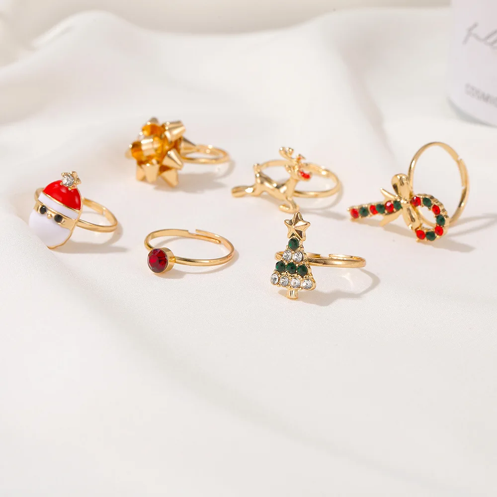 6 Pcs/Set Punk Cute ​Trendy Elk Snowman Santa Claus Geometric Opening Adjustable Rings For Woman Girl Christmas Gifts