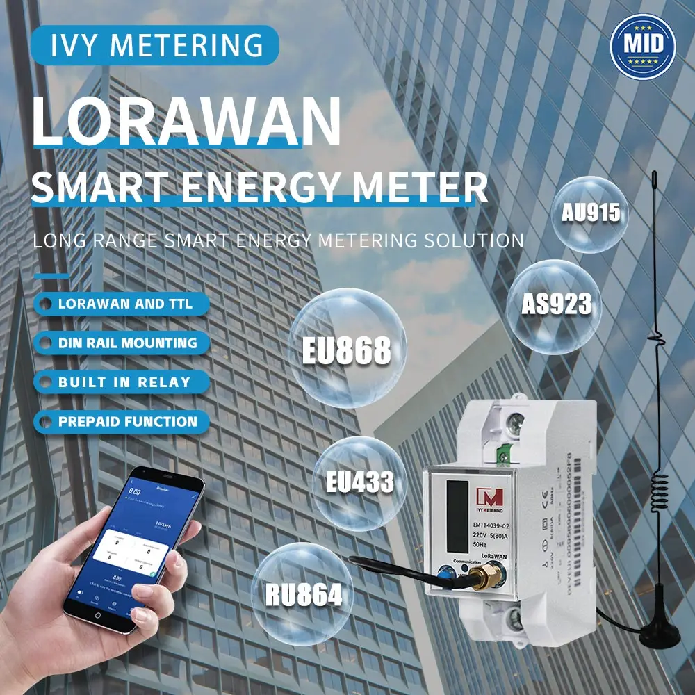 LoRaWAN Enabled Smart Energy Meter: 1 phase 868 EU868 EU868MHz Remote Control, Data Logging, MID Certified