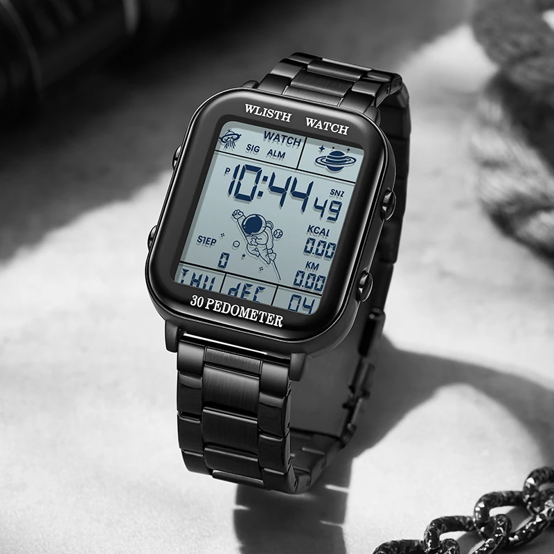 ساعات للرجل ساعة رقمية ساعة توقيت العد التنازلي ساعة اليد ساعة التقويم الرياضة عداد الخطى حساب رقمي montre أوم