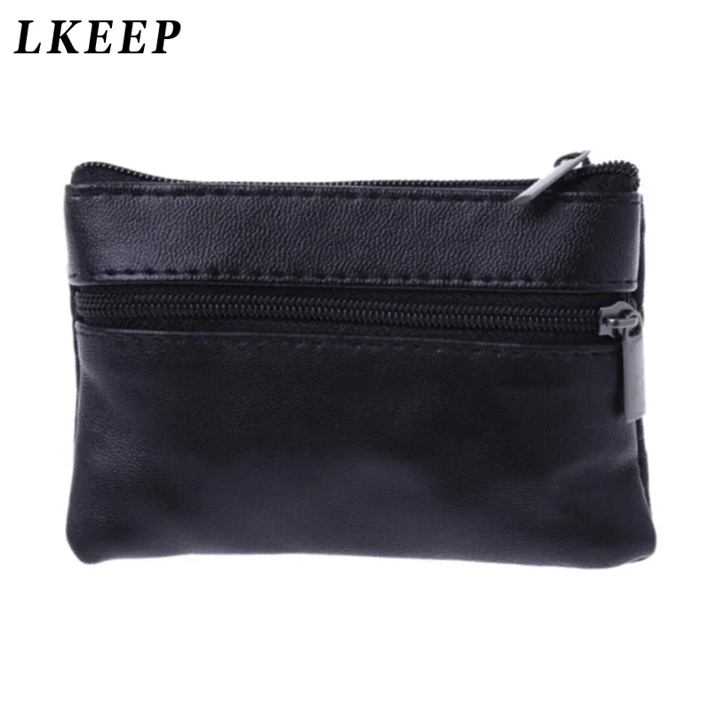 Men's Black Leather Coin Purse Single Zipper Multi-Function Mini Wallet for Mobile Phone And Coins