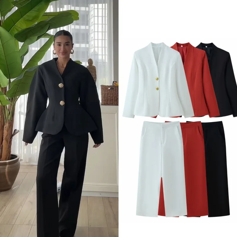 New Autumn Fashion Women's Suits: European and American Style V-neck, Cinched Waist, Metal Buckle Suit Jacket and Suit Trousers.
