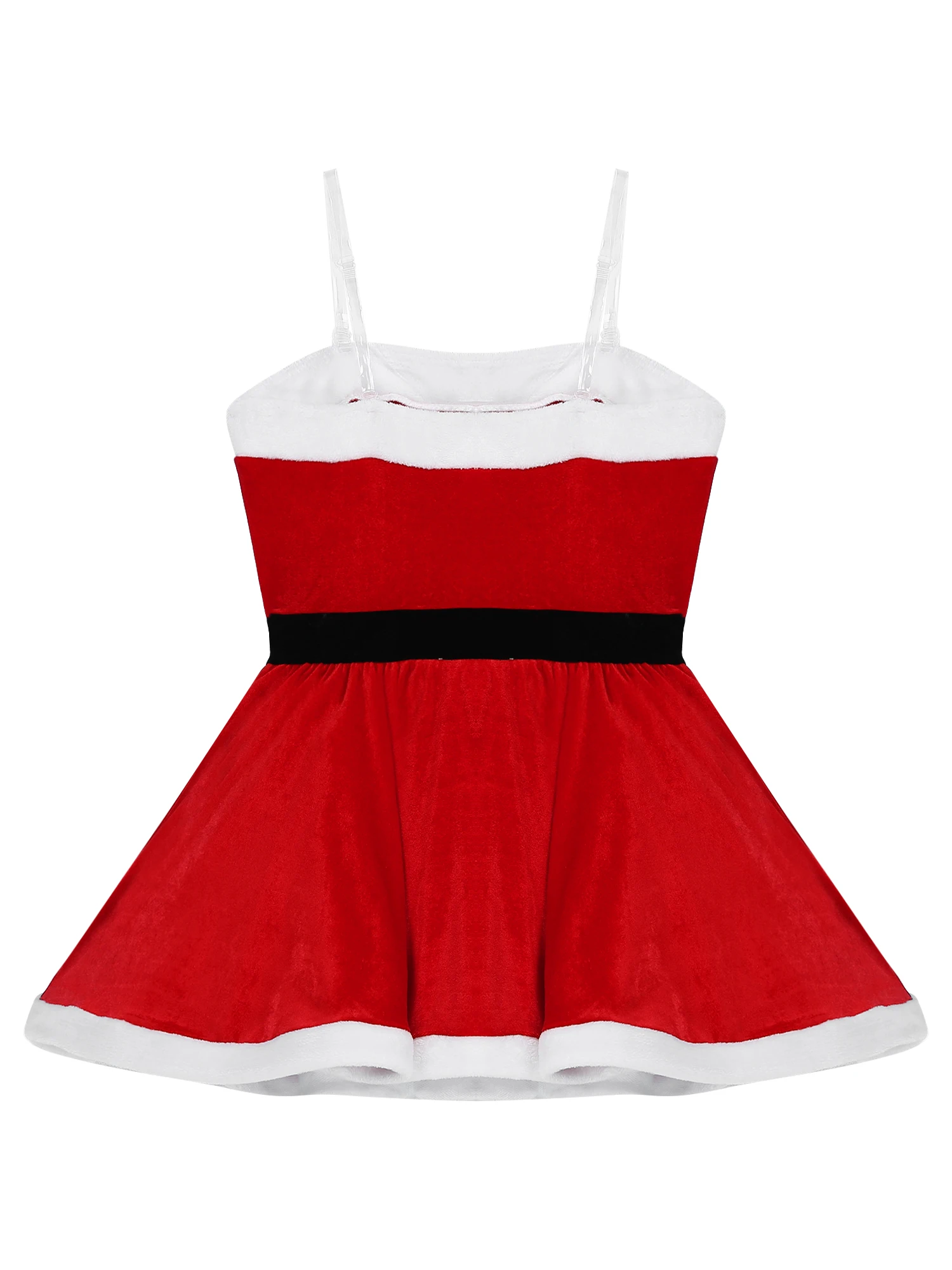 Damen Weihnachten Thema Party Kostüm verstellbare transparente Riemen Kunst pelz Trim geschichteten ausgestellten Kleid mit 1pc Santa Claus Hut