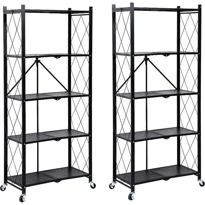 Heavy Duty 5-Tier Foldable Metal Rack, Shelving Unit 1250 lbs with Wheels Moving Organizer，home.