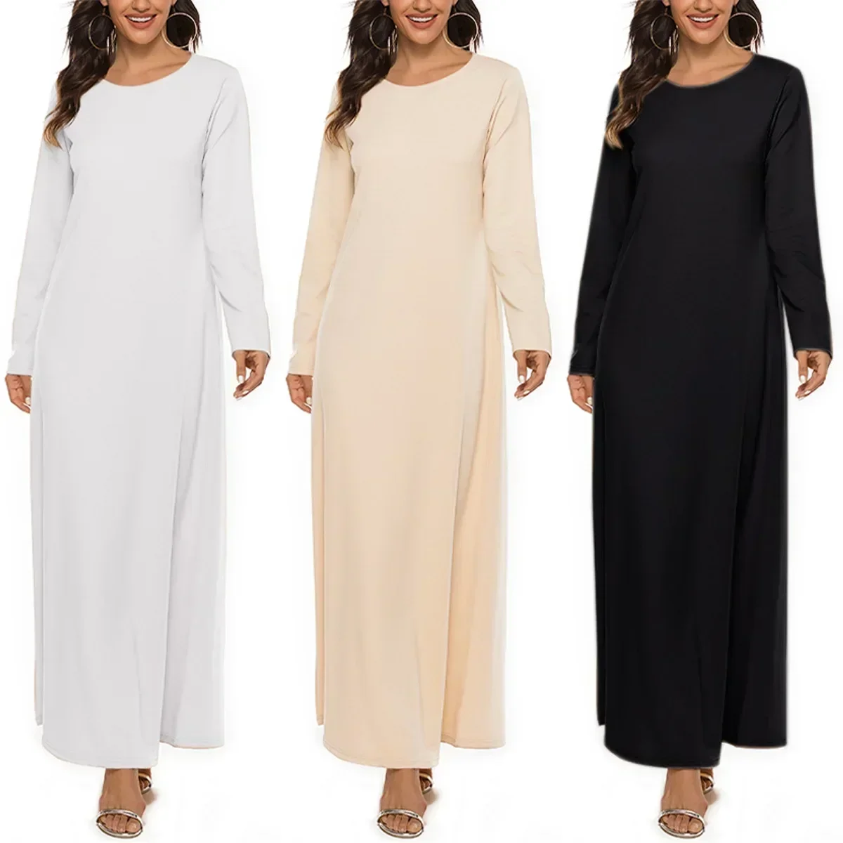 Cotton Plain Abaya Inner Long Dress Women Slip Dress Muslim Robe Under Kimono Cardigan Dubai Abaya Spring Autumn with Belt