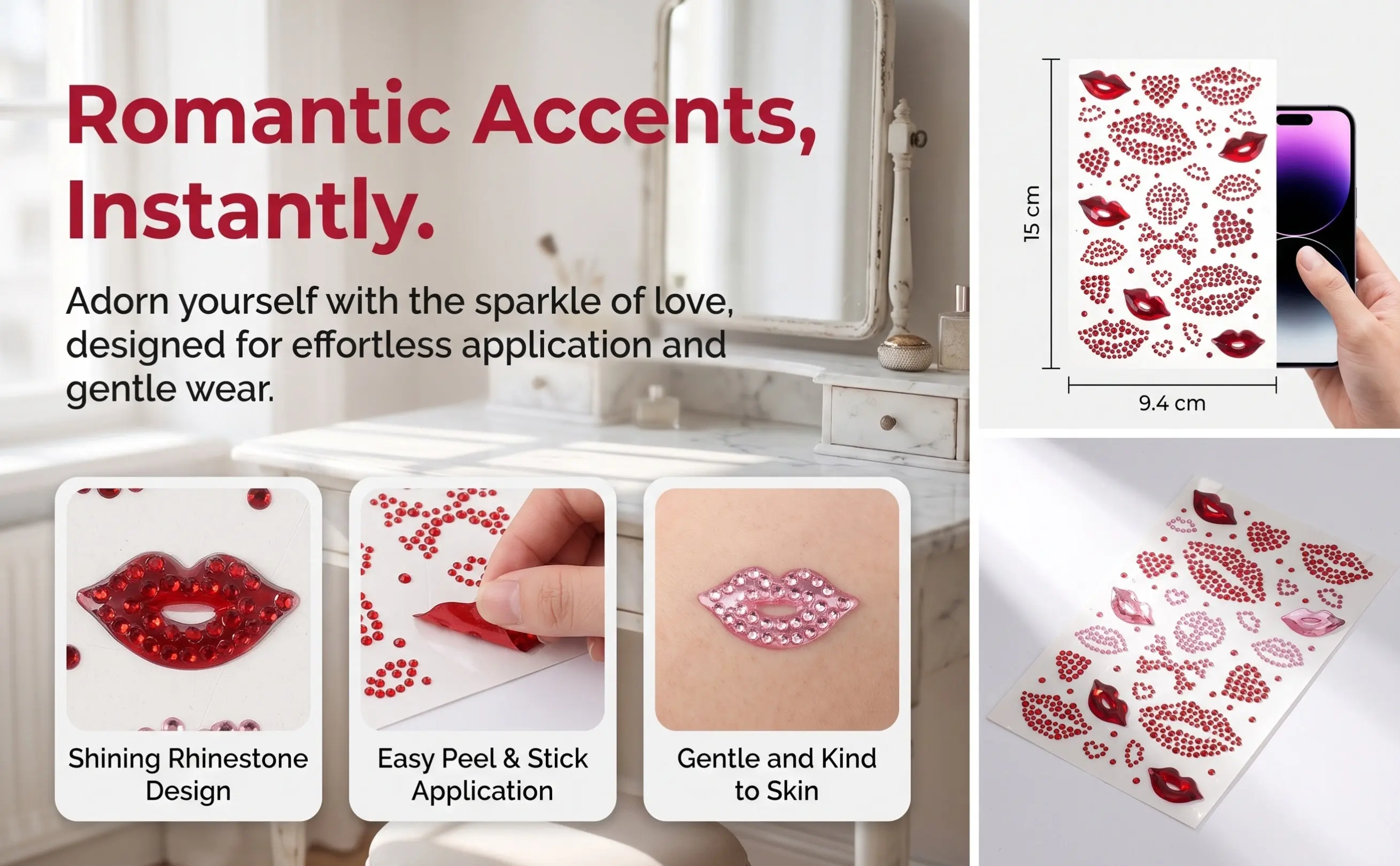 10Sheets Creative Rhinestone Valentines Day Face Stickers Red Lip Kiss Heart Shape Self Adhesive Makeup Decals Party Nail