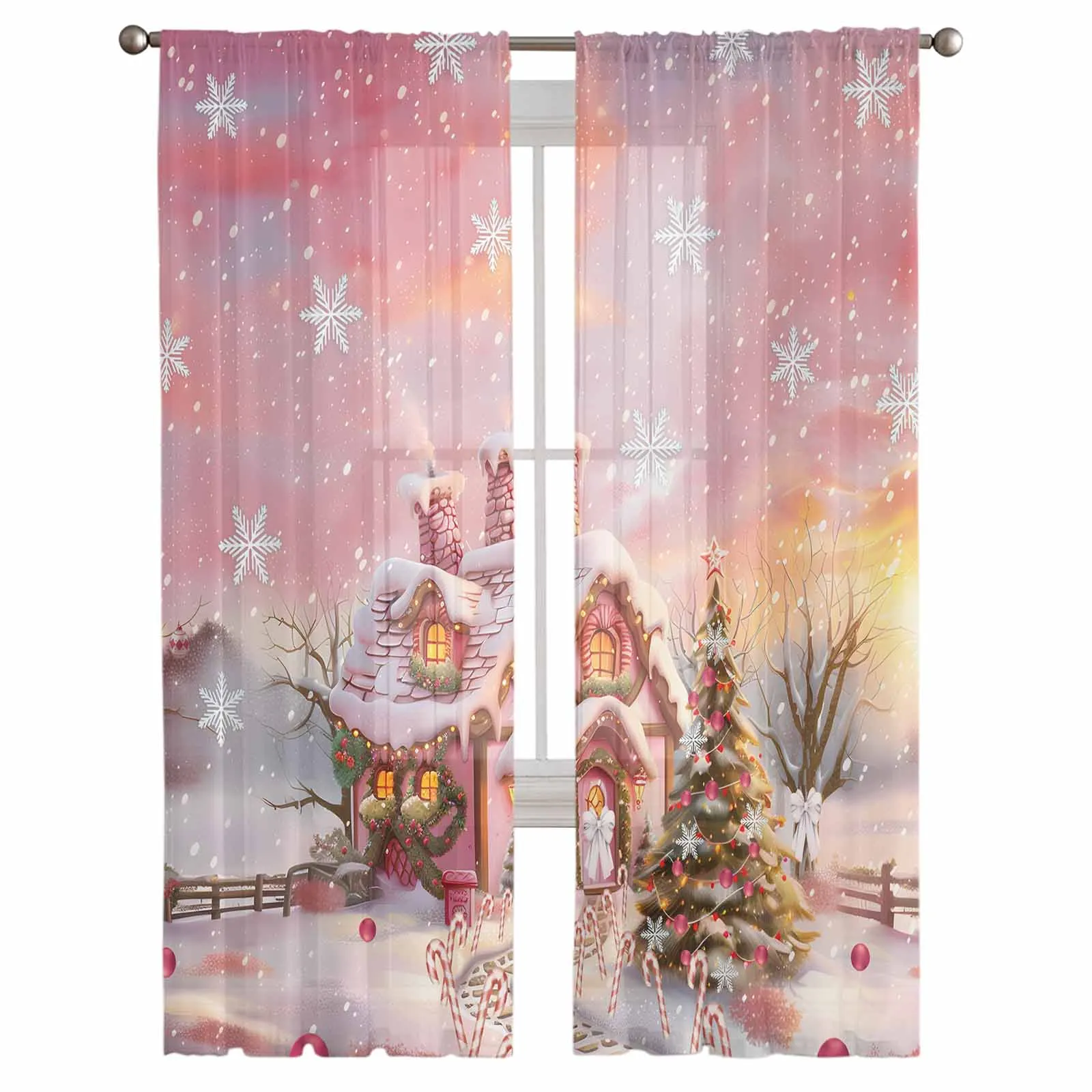 Christmas Candy House Snow View Countryside Sheer Curtains For Living Room Window Transparent Voile Tulle Cortinas Drapes Home