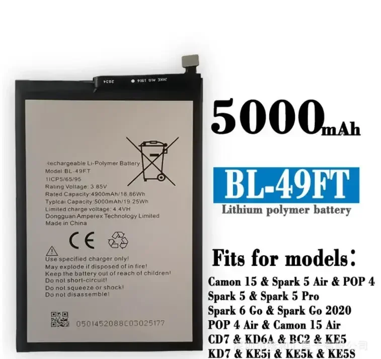 High quality products for Voice Transmission Tecno Spark 5 Air Ke5/6 Kf7j Mobile Phone Battery Built-in Battery BL-49FT