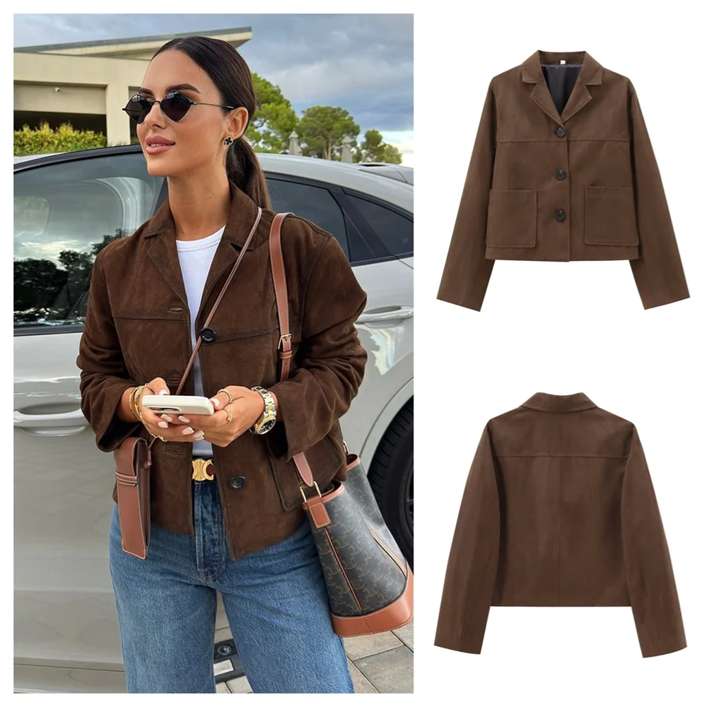 PB&ZA2024 autumn new women's clothing fashionable temperament slim fit simple versatile short suede jacket