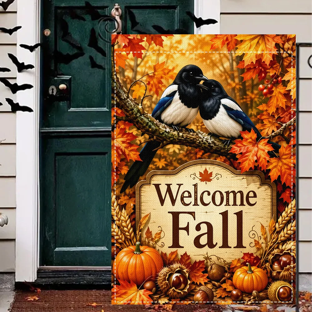1pc Autumn Bird Welcome Fall Garden Flag, double sided print, suitable for patio and outdoor seasonal decor (pole not included)
