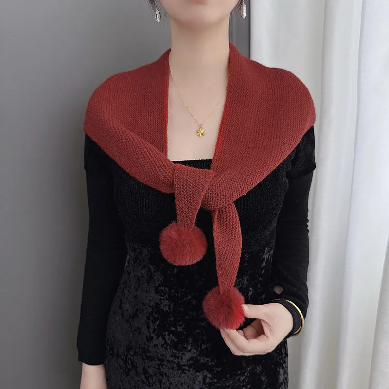 

Вязаный шерстяной шарф с помпонами для женщин, теплый и уютный, для осени и зимы, милый и мягкий, в студенческом стиле.