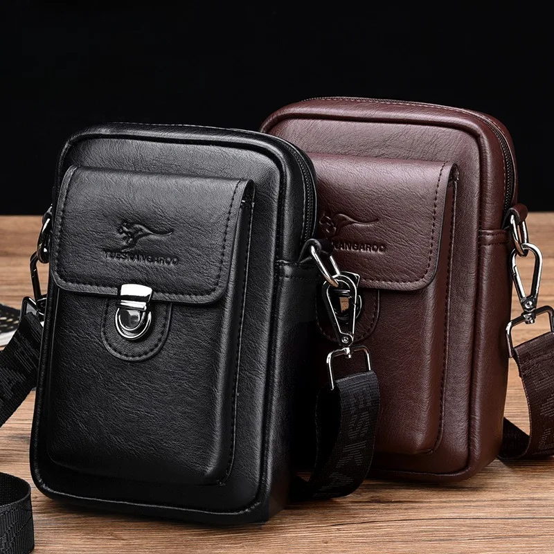 Men Mini Crossbody Phone Bag PU Leather Vertical Shoulder Pouch Metal Lock Flap Zipper Retro Business Travel Casual Male Handbag