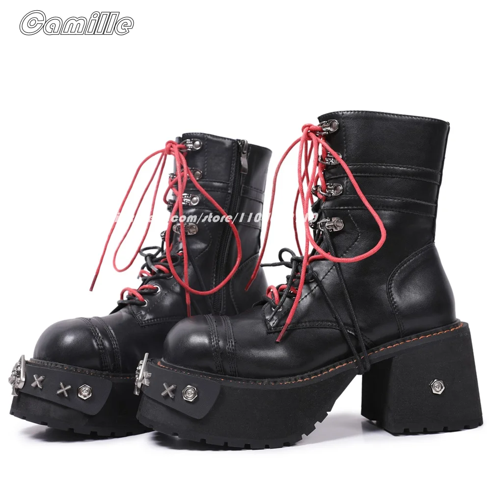 

Mixed Color Punk Style Side Zipper Chunky Heel Motorcycle Boots 2025 New All-Match Metal Rivet Casual Boots Front Lace Up Boots