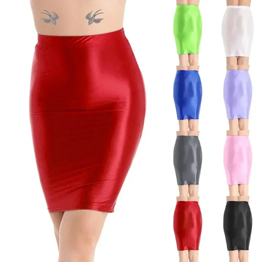 Frauen glänzend glänzend hohe Taille Bleistift Minirock dehnbare Bodycon Shirts Clubwear Mode fit A-Linie sexy engen Rock