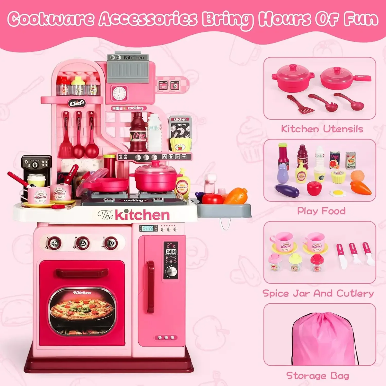 Kinderkeukenspeelset, keukenset voor peuters 1-3 3-5, kookfornuis, speelgootsteen en keukenaccessoires, speelgoedkeuken (roze)